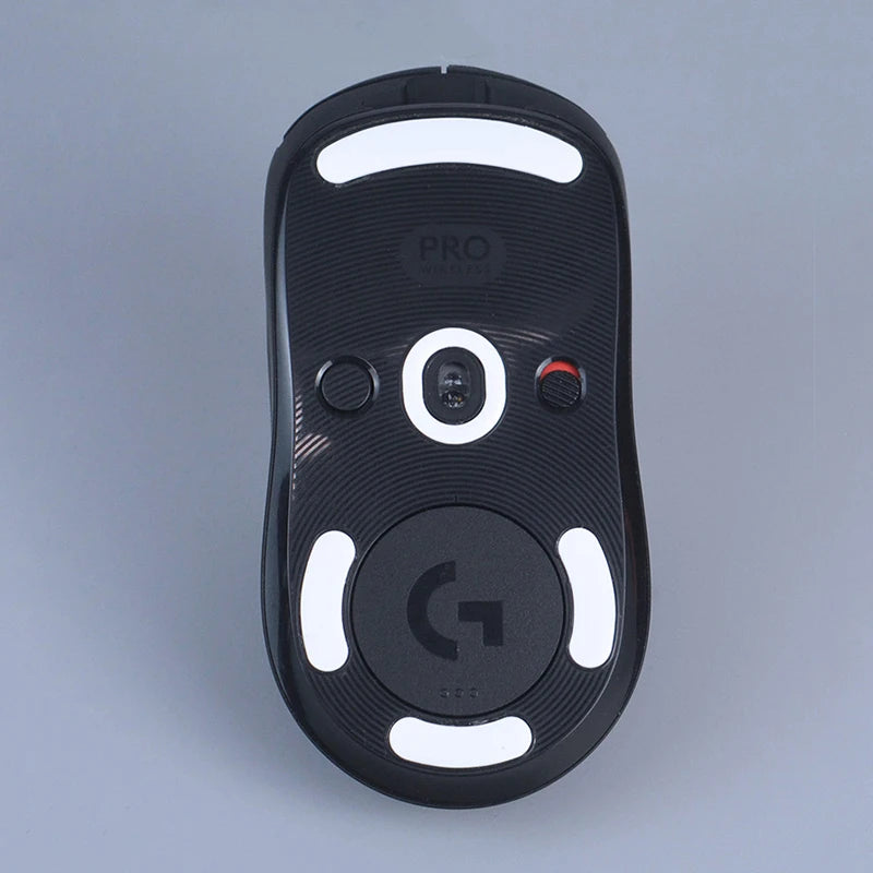 Black Logitech G PRO wireless mouse skates with white and red accents
