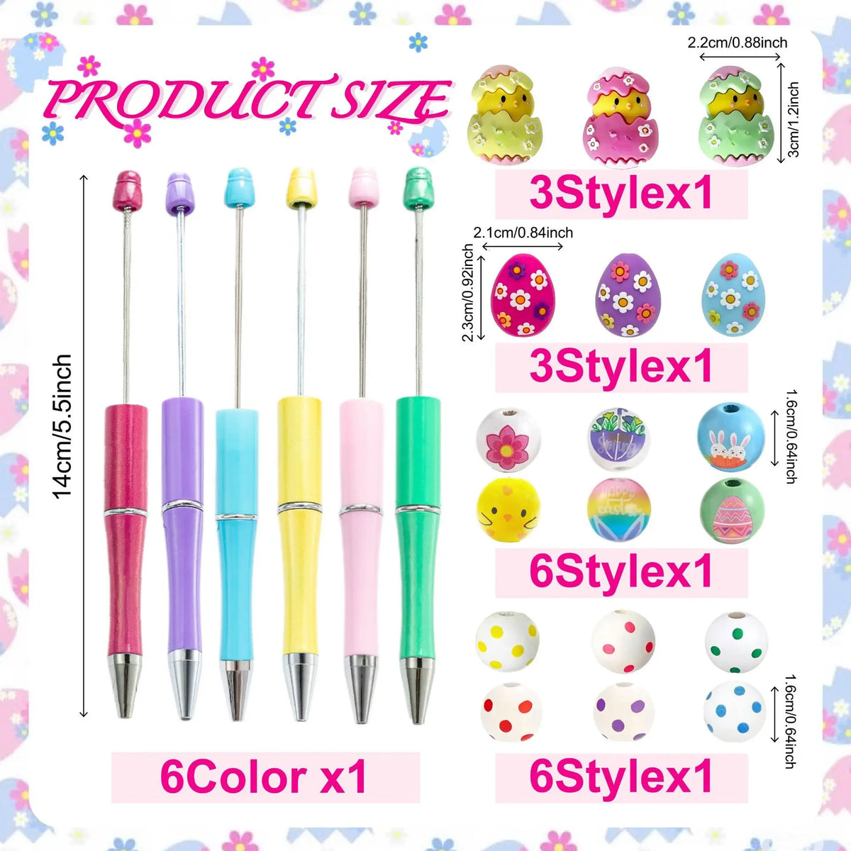 A set of six colored, gradient acrylic beaded pens and six colorful spherical pens are displayed with size measurements.