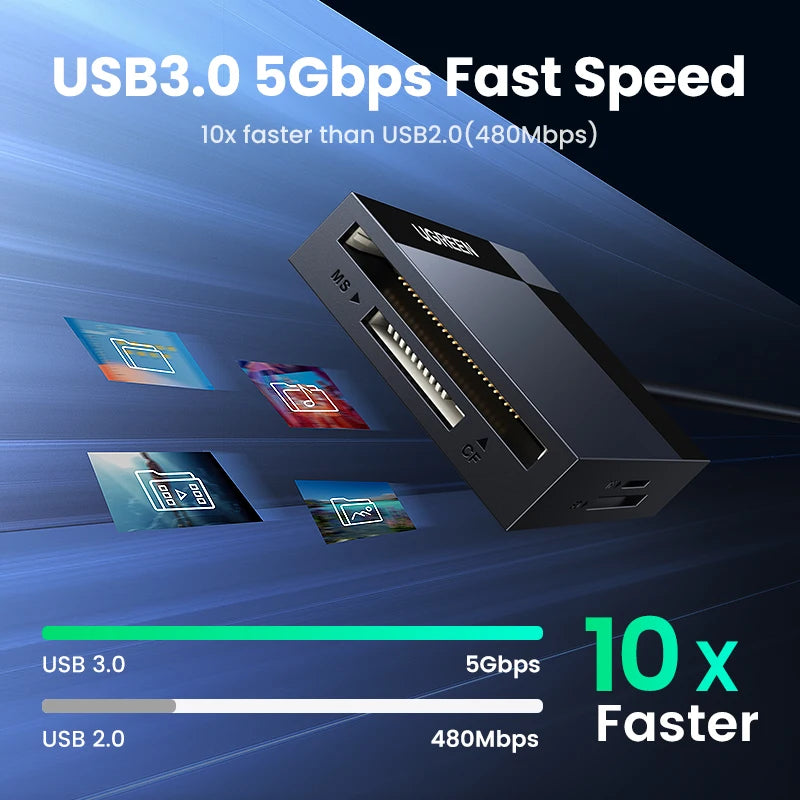Adaptador USB 3.0 negro junto a tarjetas de memoria, mostrando una velocidad 10 veces mayor que USB 2.0.