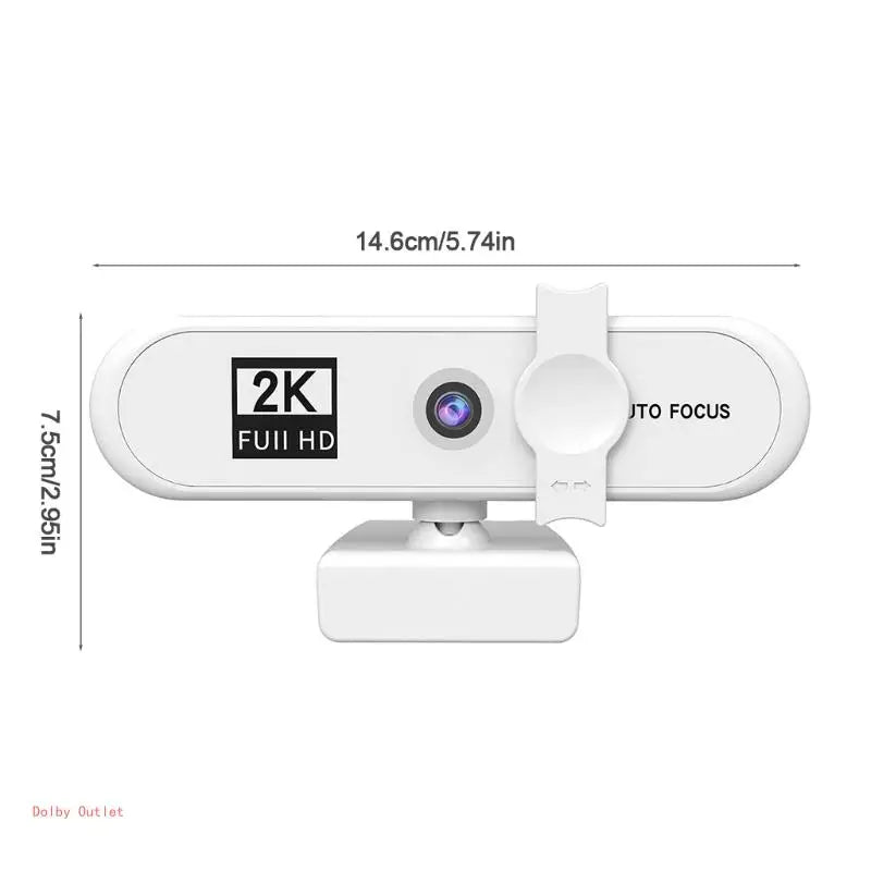 Webcam autofocus 2K HD blanche avec objectif et support de montage.