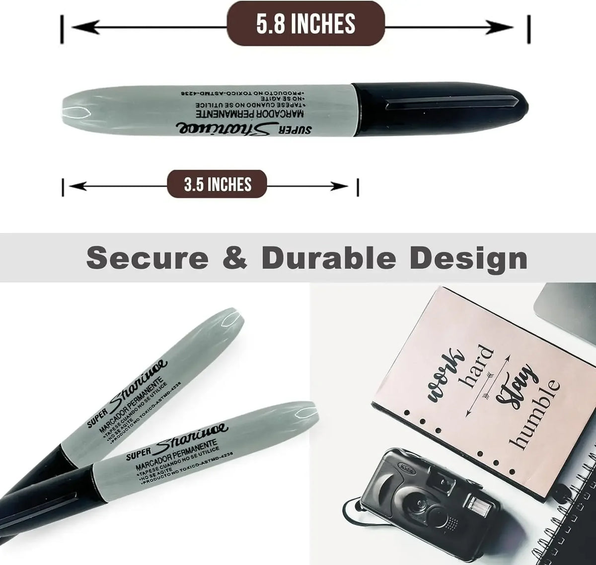 A black marker pen labeled Super Sharuo with measurements indicating 5.8 inches and 3.5 inches.