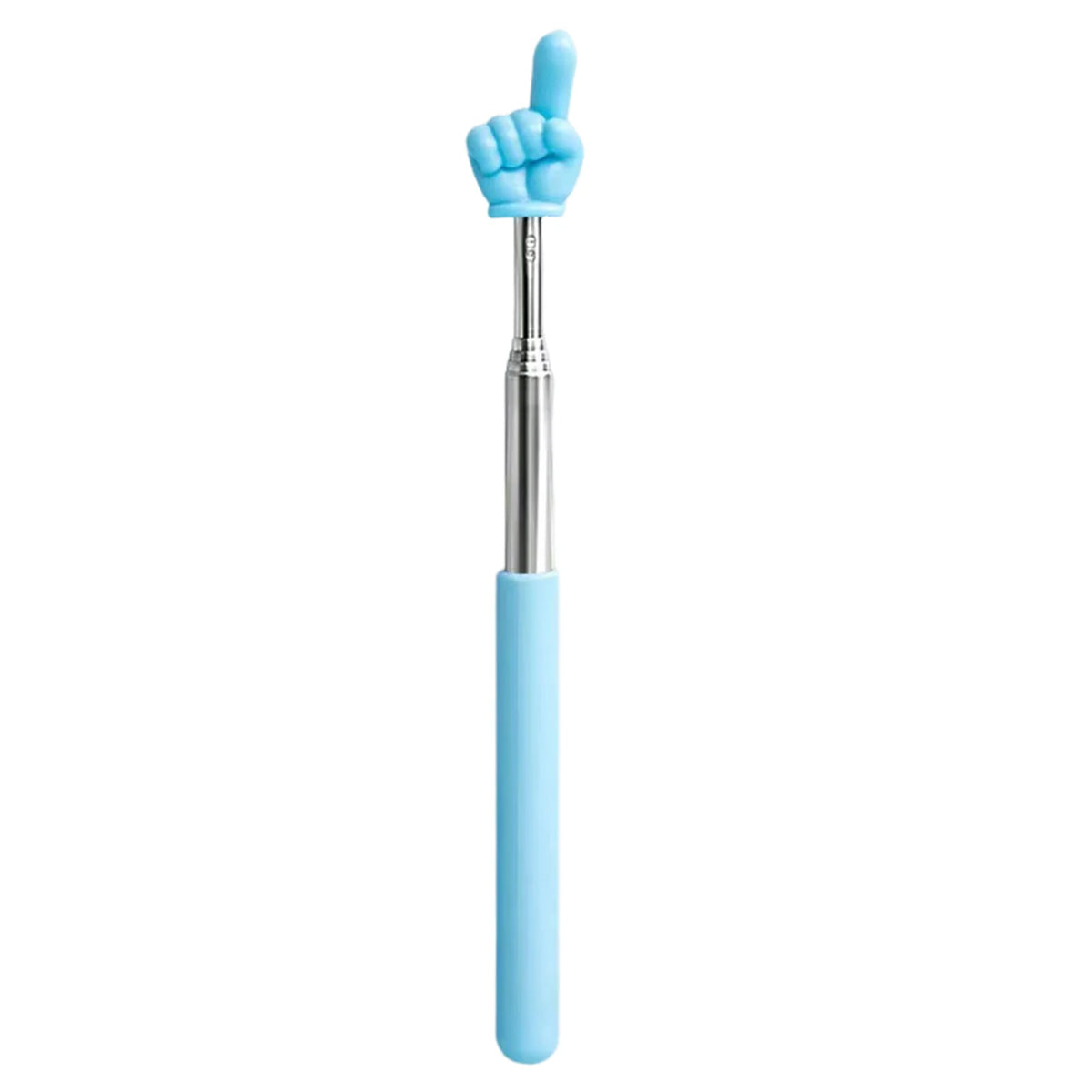 A light blue retractable teacher pointer stick with a hand gesture at the top.