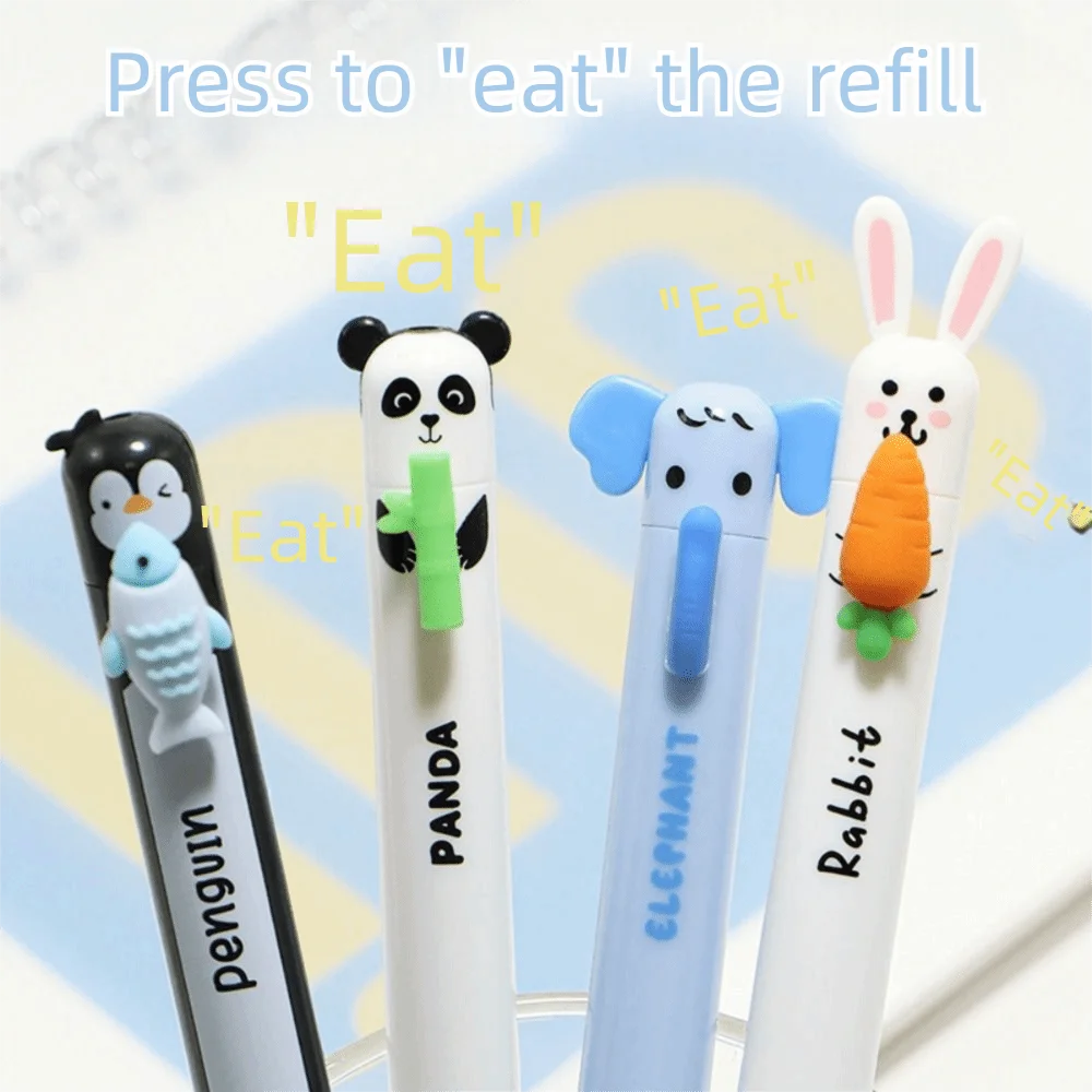 A set of six cute animal themed erasable gel pens featuring a penguin, panda, elephant, and rabbit.