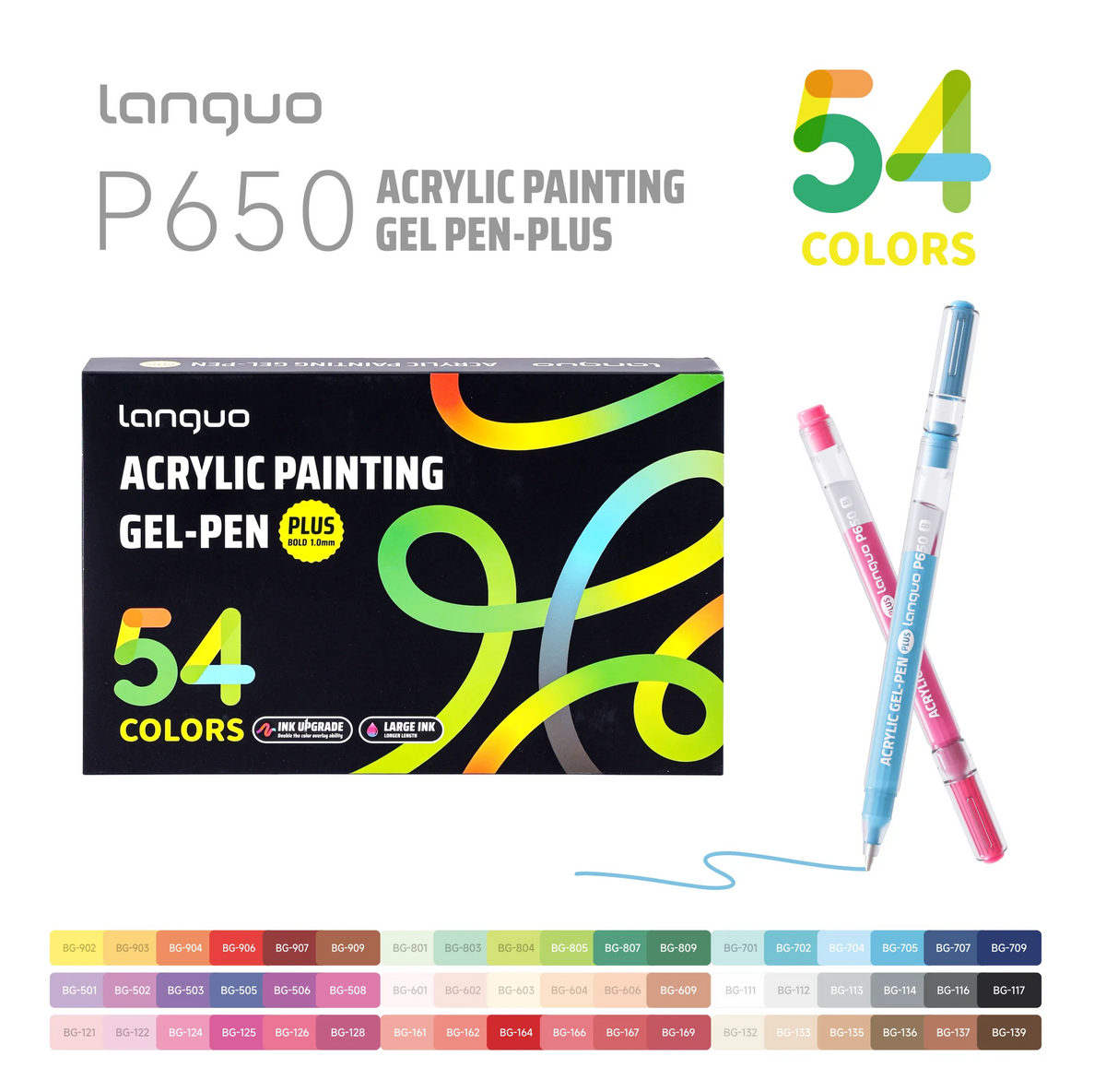 Languo Acrylic Painting Gel Pen Plus set featuring 54 colors in various shades.