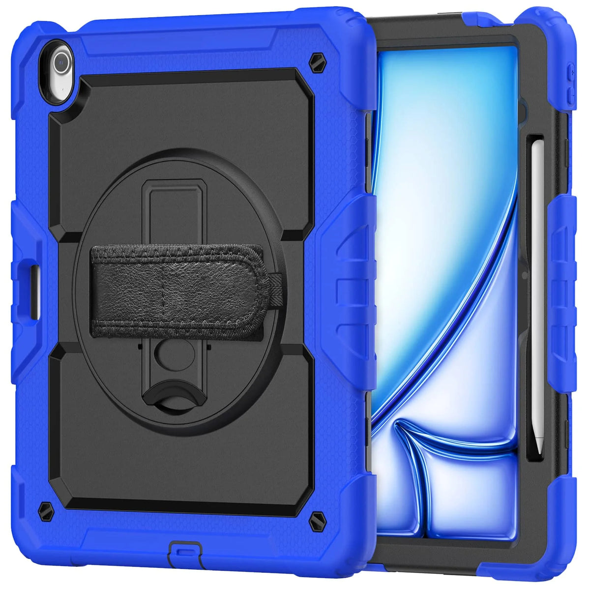 A blue heavy duty shockproof iPad case with a black screen protector and built-in accessories.