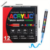 A box of 12 multi-color acrylic brush markers with various tips and colors shown next to a marker pen.