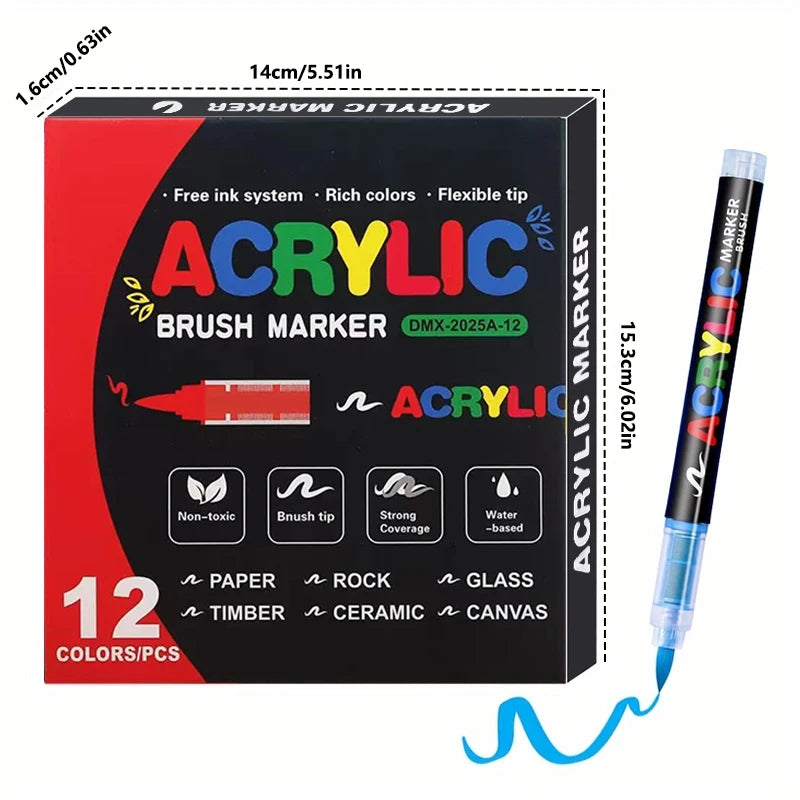 A box of 12 multi-color acrylic brush markers with various tips and colors shown next to a marker pen.