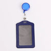A blue PU leather retractable ID card holder with a clear badge case and attached reel.