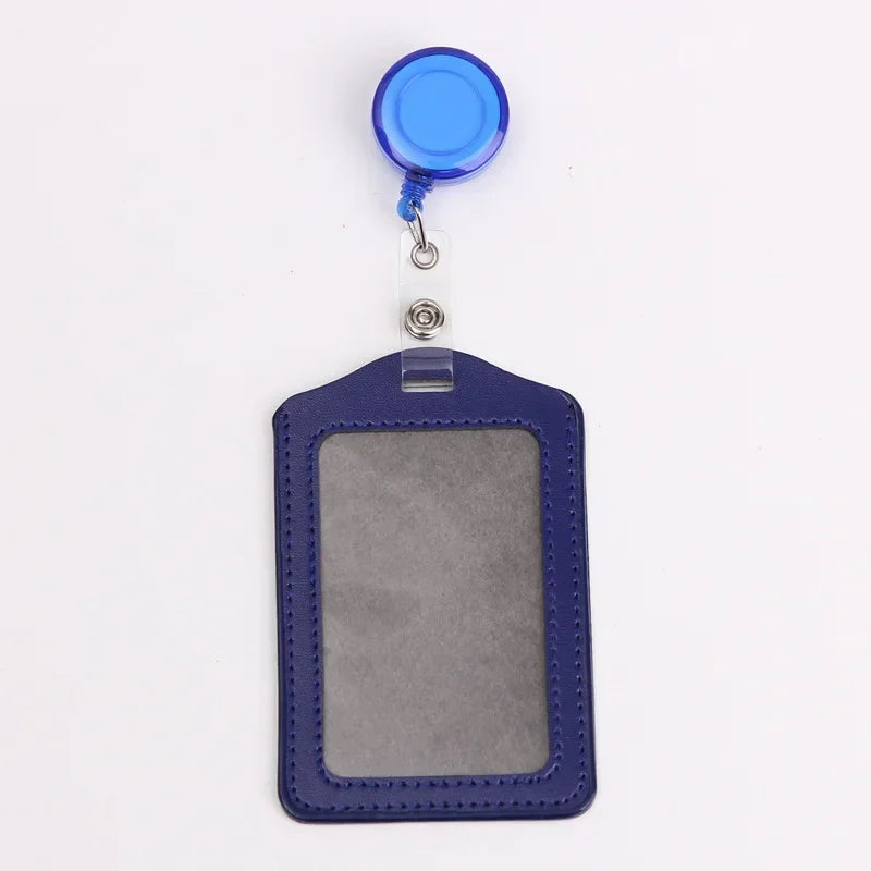 A blue PU leather retractable ID card holder with a clear badge case and attached reel.