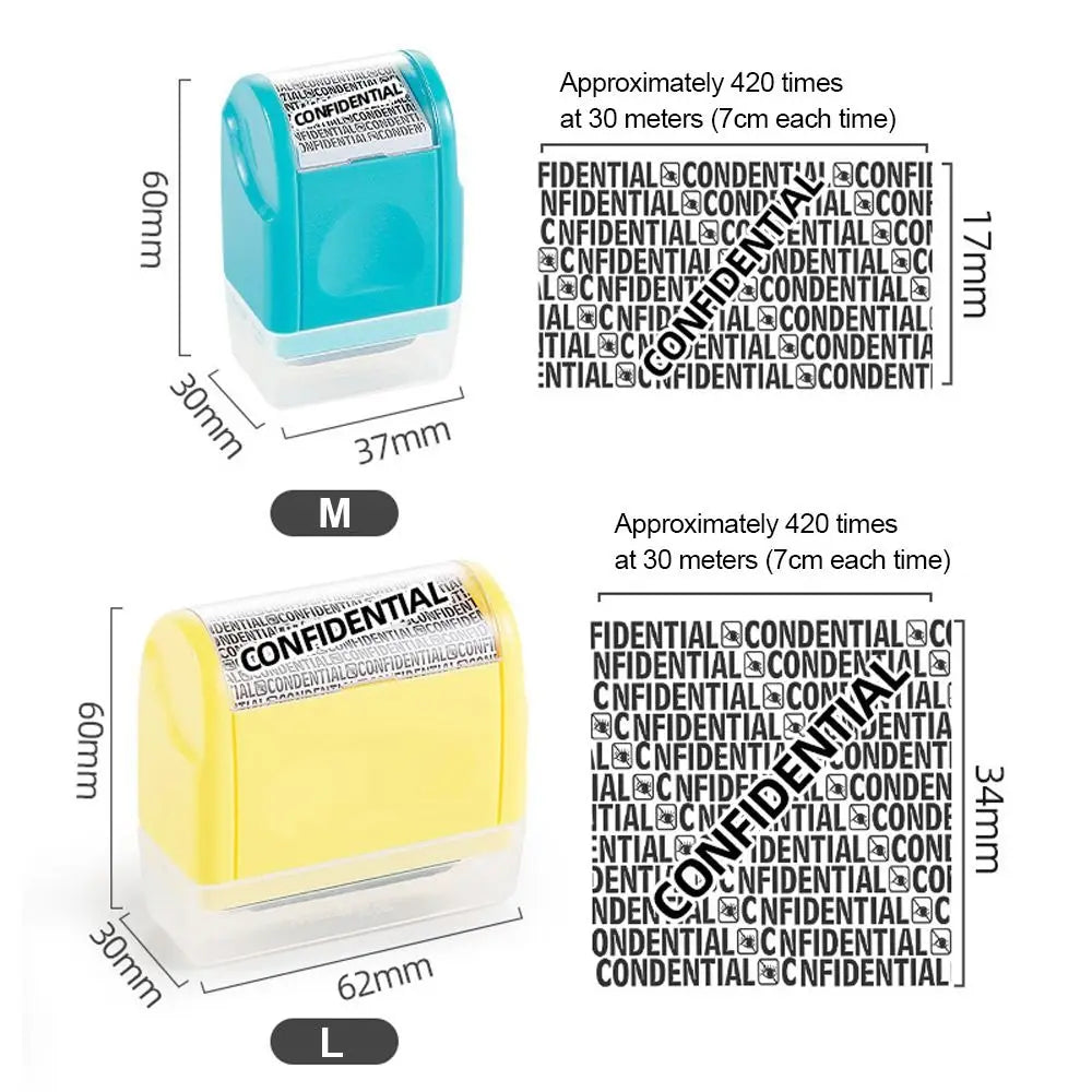 Reusable confidential roller stamp in teal and yellow colors shown with measurements.