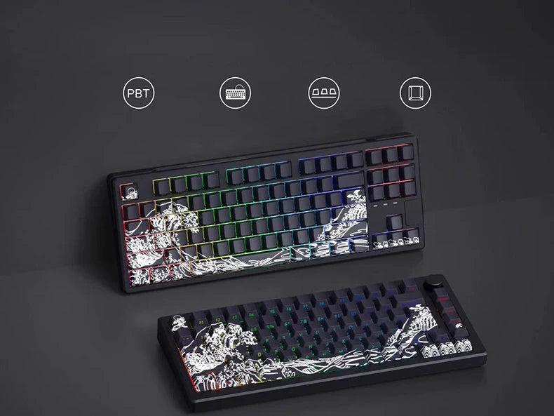 A black mechanical keyboard featuring translucent Ukiyo-e style keycaps with a white and green landscape design.