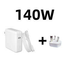A white 140W universal USB-C power adapter with a cable and plug.