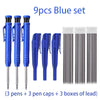 A blue set containing 9 precision carpenter pencils, including pens, caps, and lead boxes.