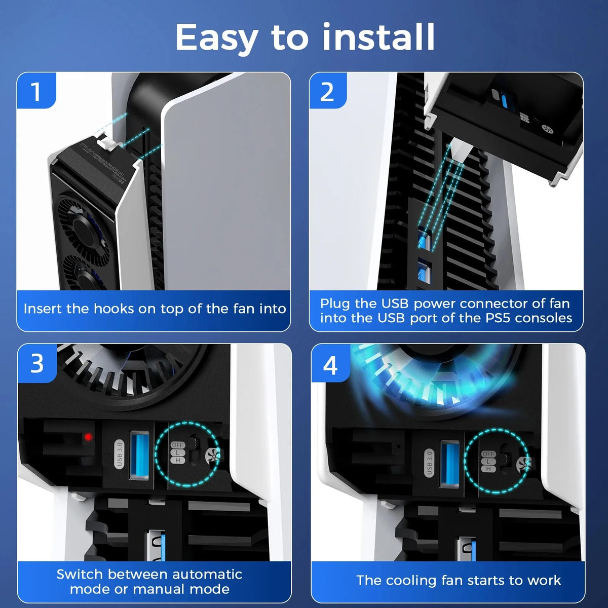 Instrucciones para instalar y operar el ventilador de refrigeración de la consola PS5 con un conector de energía USB.