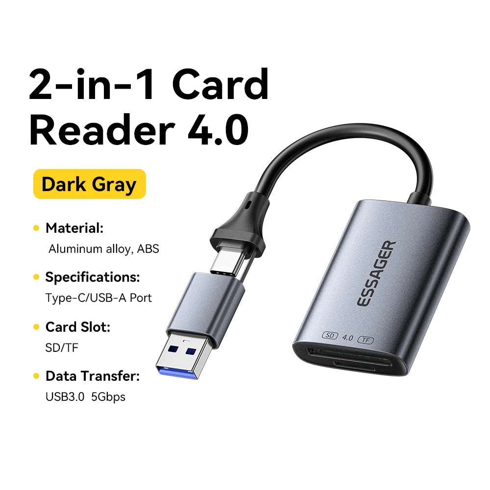 A dark gray 2-in-1 card reader featuring a USB-C port and an SD/TF slot.
