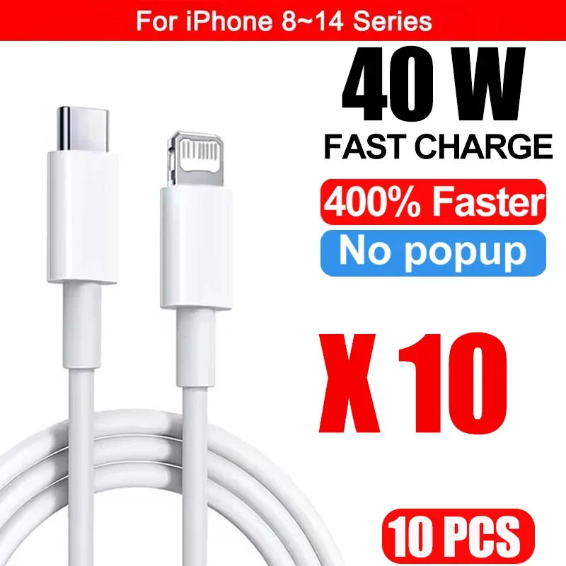 A bundle of ten white USB-C to Lightning fast charging cables is shown for iPhone 8-14 series devices.