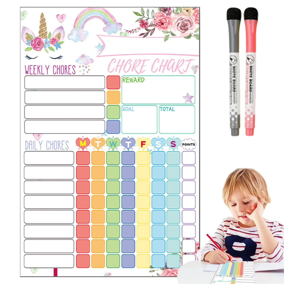 A weekly chore chart for kids with sections for rewards, goals, and daily chores organized by days of the week.
