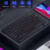 A black multi-device Bluetooth keyboard and mouse combo is shown with compatibility icons for Windows, Mac, Android, and iOS.