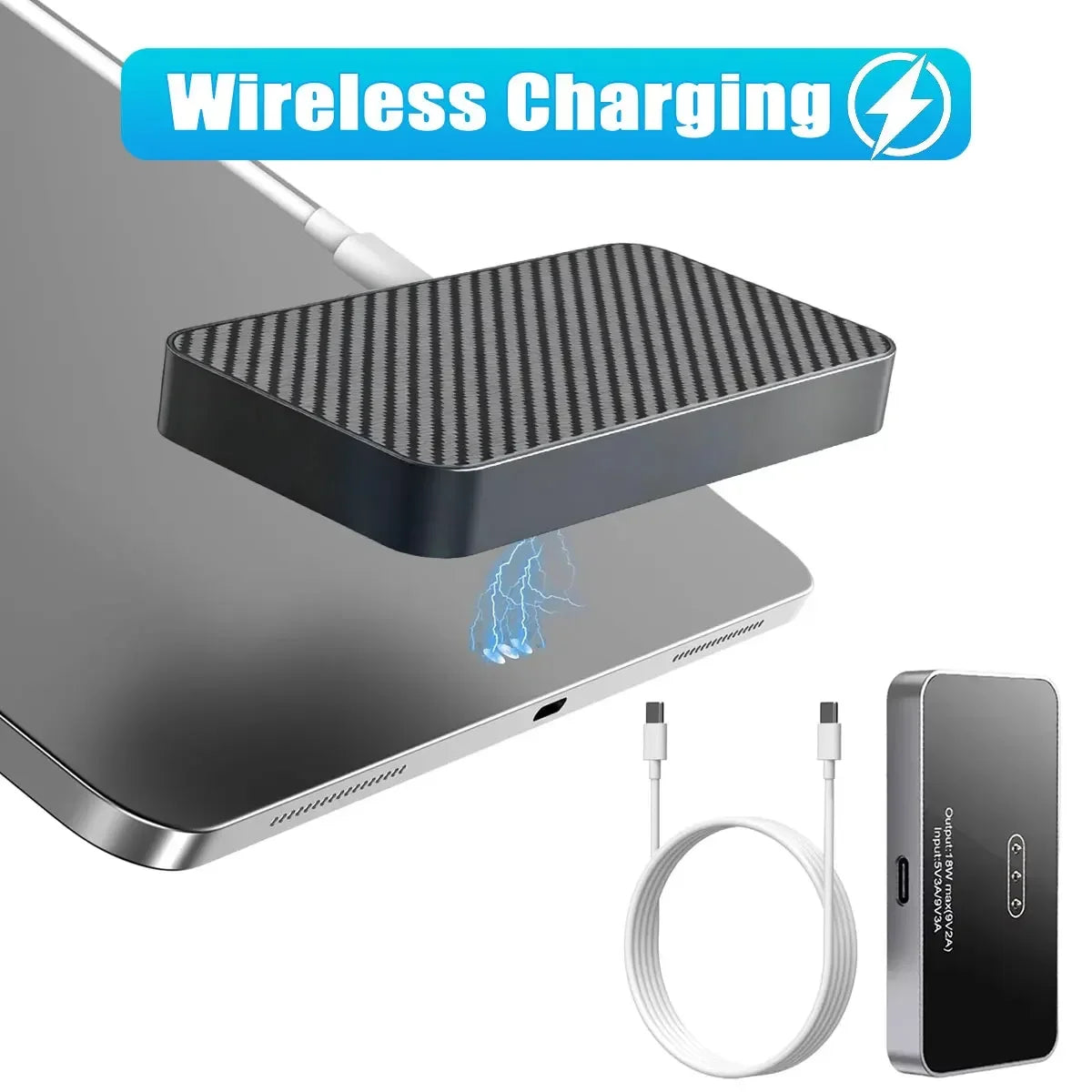 A magnetic wireless charging module is shown resting on a silver laptop, with a charging cable nearby.