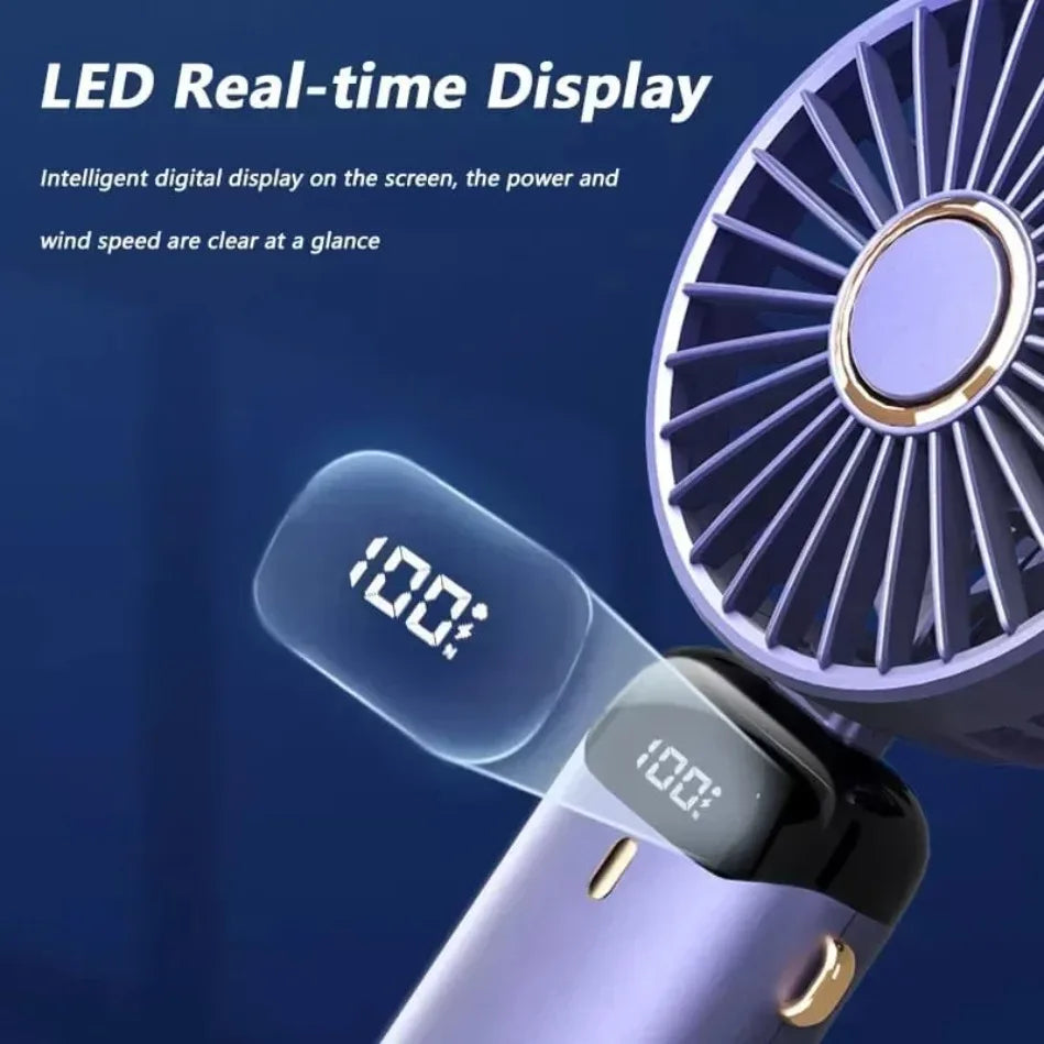 Primer plano de un mini ventilador portátil de cuello y escritorio morado con pantalla LED que muestra la velocidad del vient