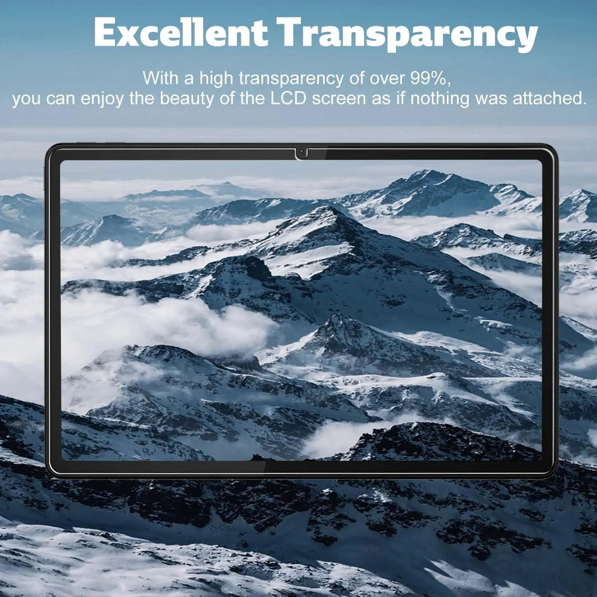 A laptop screen displaying a scenic mountain landscape, emphasizing excellent transparency of the tempered glass protector.