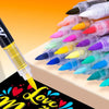 A close-up view of a collection of colorful acrylic paint markers arranged in a pyramid on a white surface.