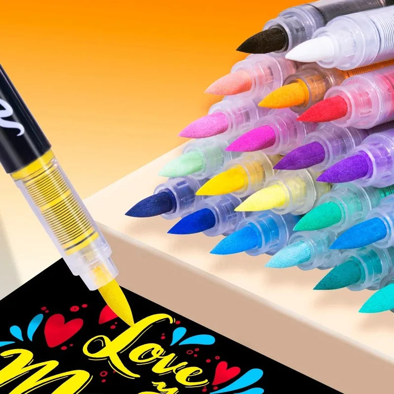 A close-up view of a collection of colorful acrylic paint markers arranged in a pyramid on a white surface.