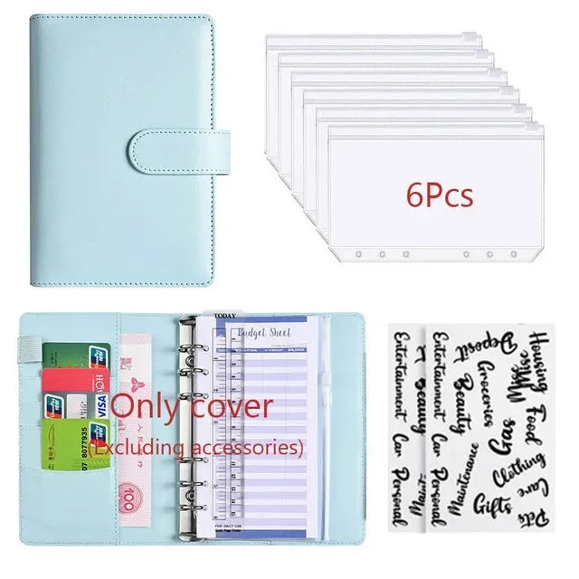 Planificador de cuero sintético azul claro con cubierta y varias hojas de papel.