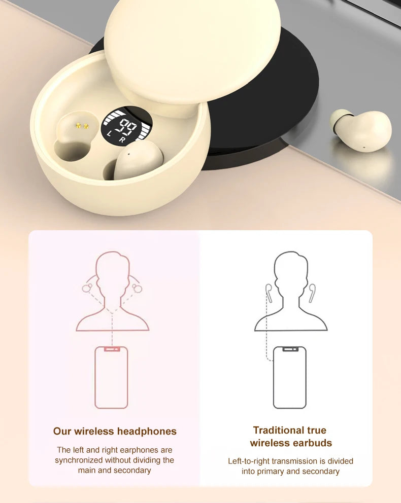 A pair of beige wireless earbuds resting in a white charging case on a light surface.