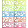 A set of multi-shape geometric drawing templates or rulers in various shades of green, yellow, blue, and pink.