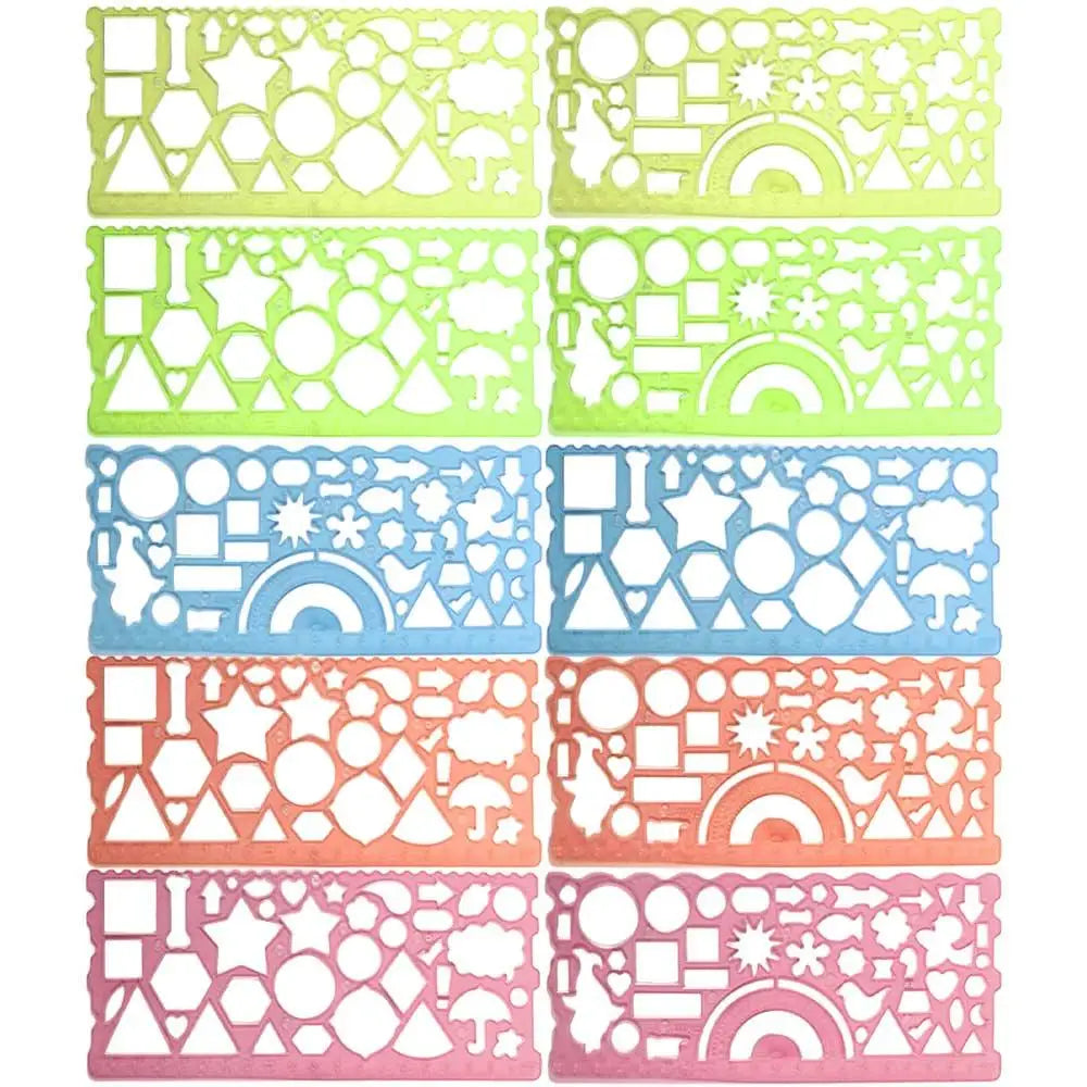 A set of multi-shape geometric drawing templates or rulers in various shades of green, yellow, blue, and pink.