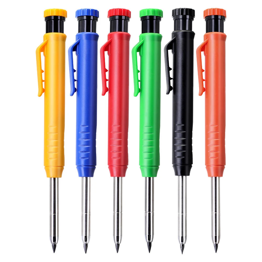 A set of four precision carpenter pencils in yellow, blue, red, and green with black caps.