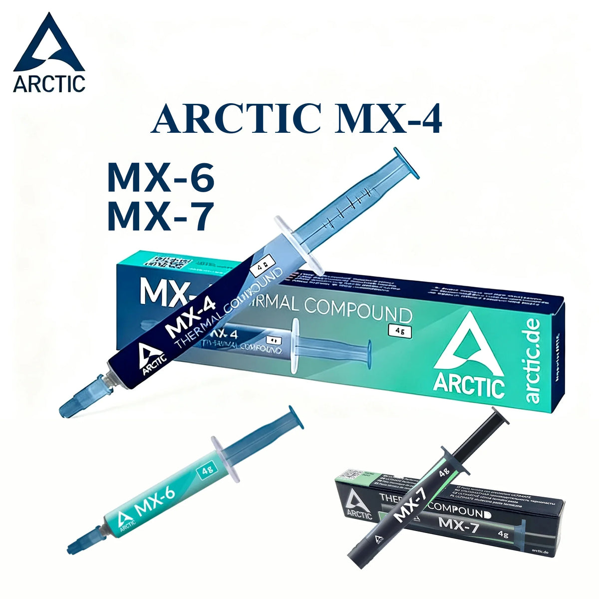 Compuestos térmicos Arctic MX-4, MX-6 y MX-7 mostrados en su empaque.