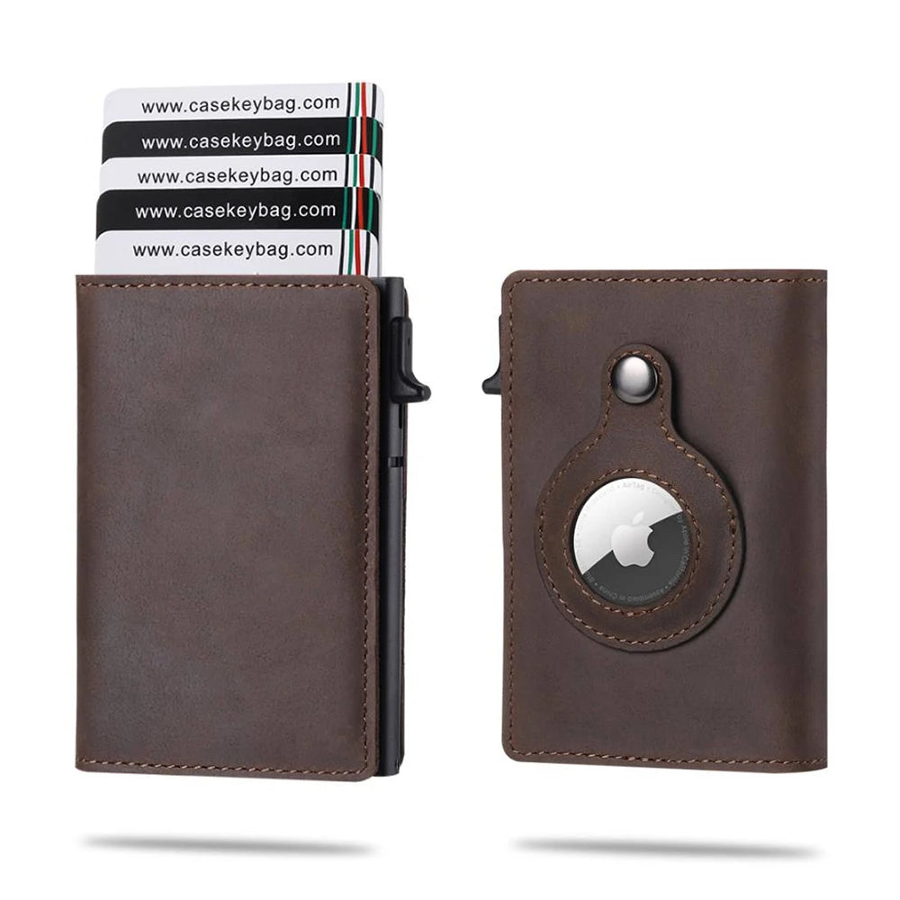 A brown leather wallet with a card pop-up feature and an Apple logo embossed on the cover.