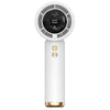 A white handheld fan with a circular grille and gold accents, showing the power and airflow settings.