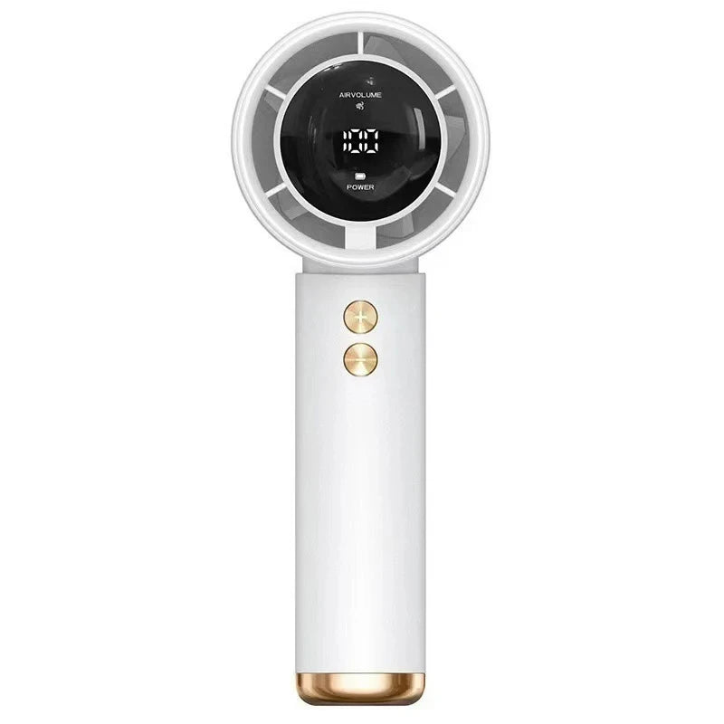 A white handheld fan with a circular grille and gold accents, showing the power and airflow settings.