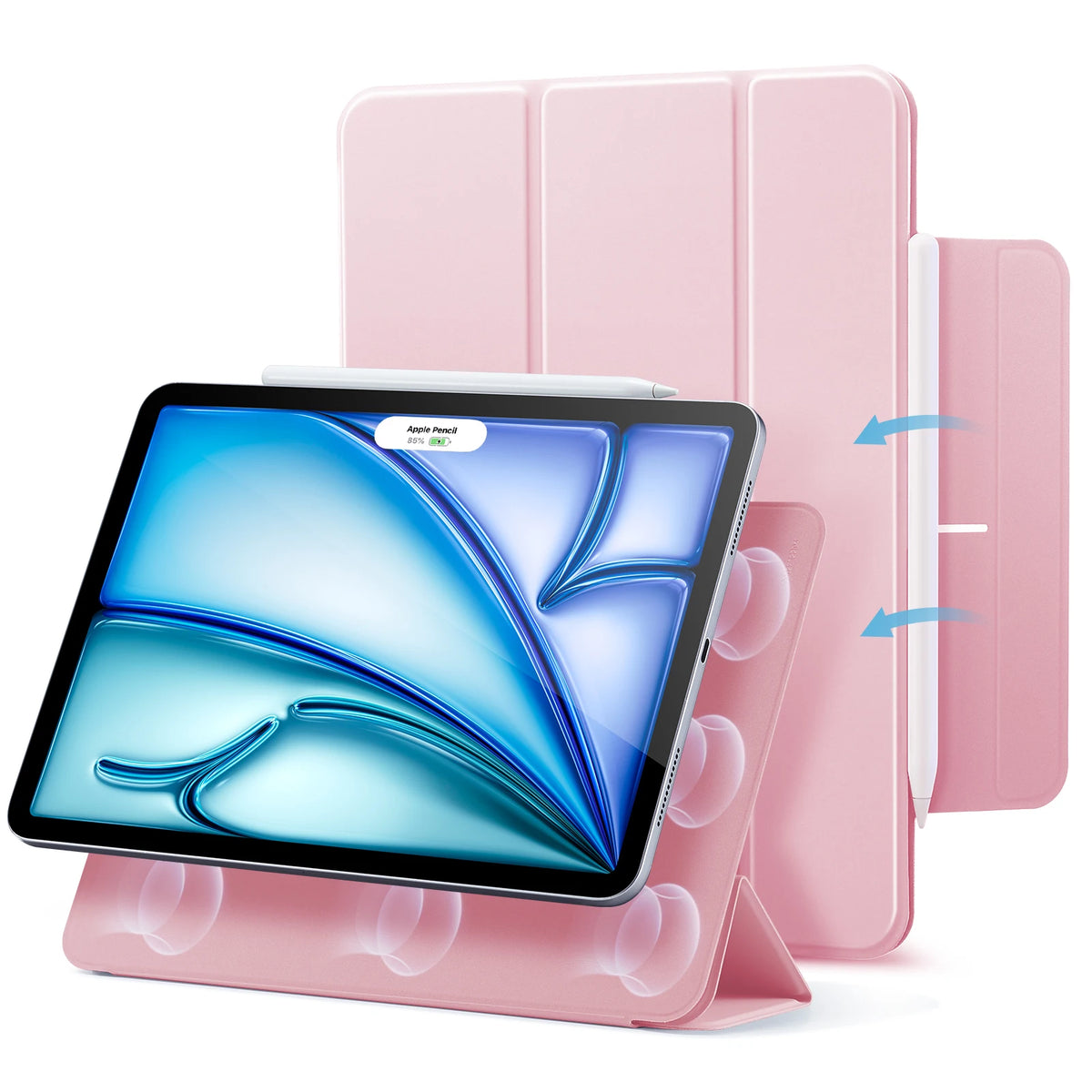 A pink magnetic folio case for an iPad Pro or Air with a built-in slot for a stylus.