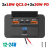 Schwarzes Auto-Ladegerät-Modul mit vier Ausgangsporten für 2x18W QC 3.0 und 2x30W PD-Laden.