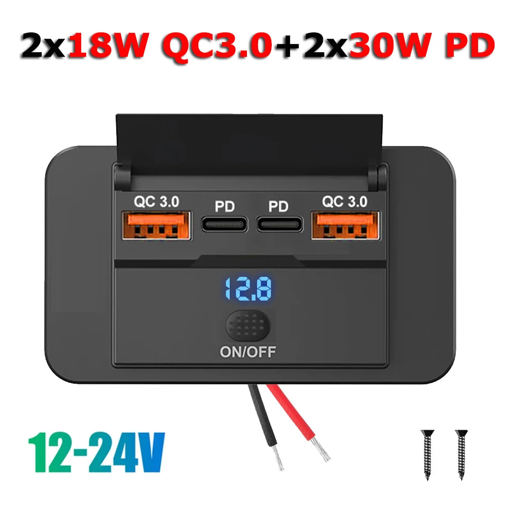 Schwarzes Auto-Ladegerät-Modul mit vier Ausgangsporten für 2x18W QC 3.0 und 2x30W PD-Laden.
