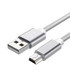 A silver braided mini USB to USB charging and data sync cable with metal connectors.
