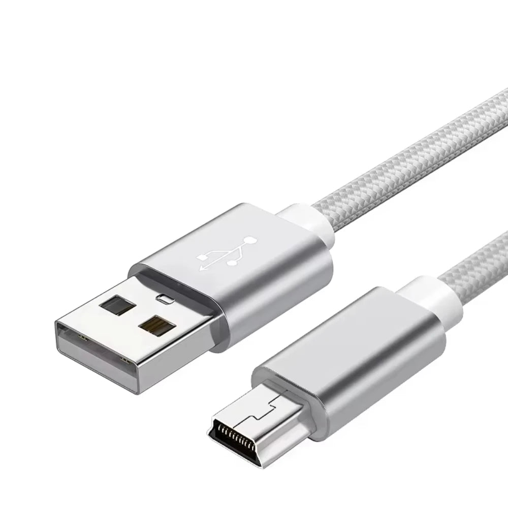 A silver braided mini USB to USB charging and data sync cable with metal connectors.