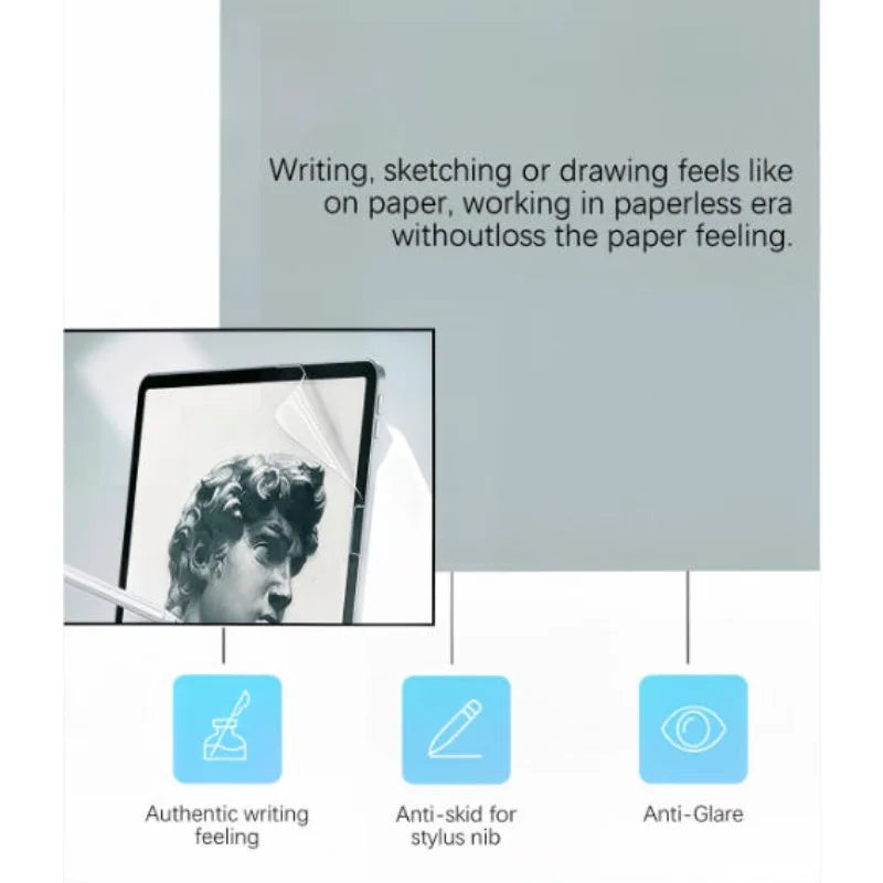 A close-up view of a matte screen protector for an iPad, highlighting features like authentic writing feeling, anti-skid nib,
