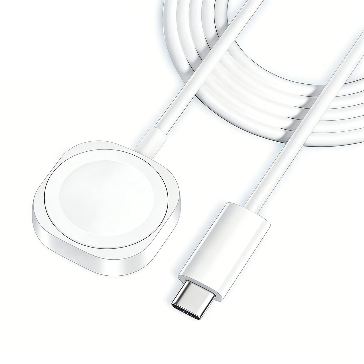 A white magnetic USB to Type-C watch charging cable with a round connector and a coiled wire.