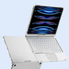 A silver keyboard case designed for an iPad, showing the tablet with a backlit keyboard attached.