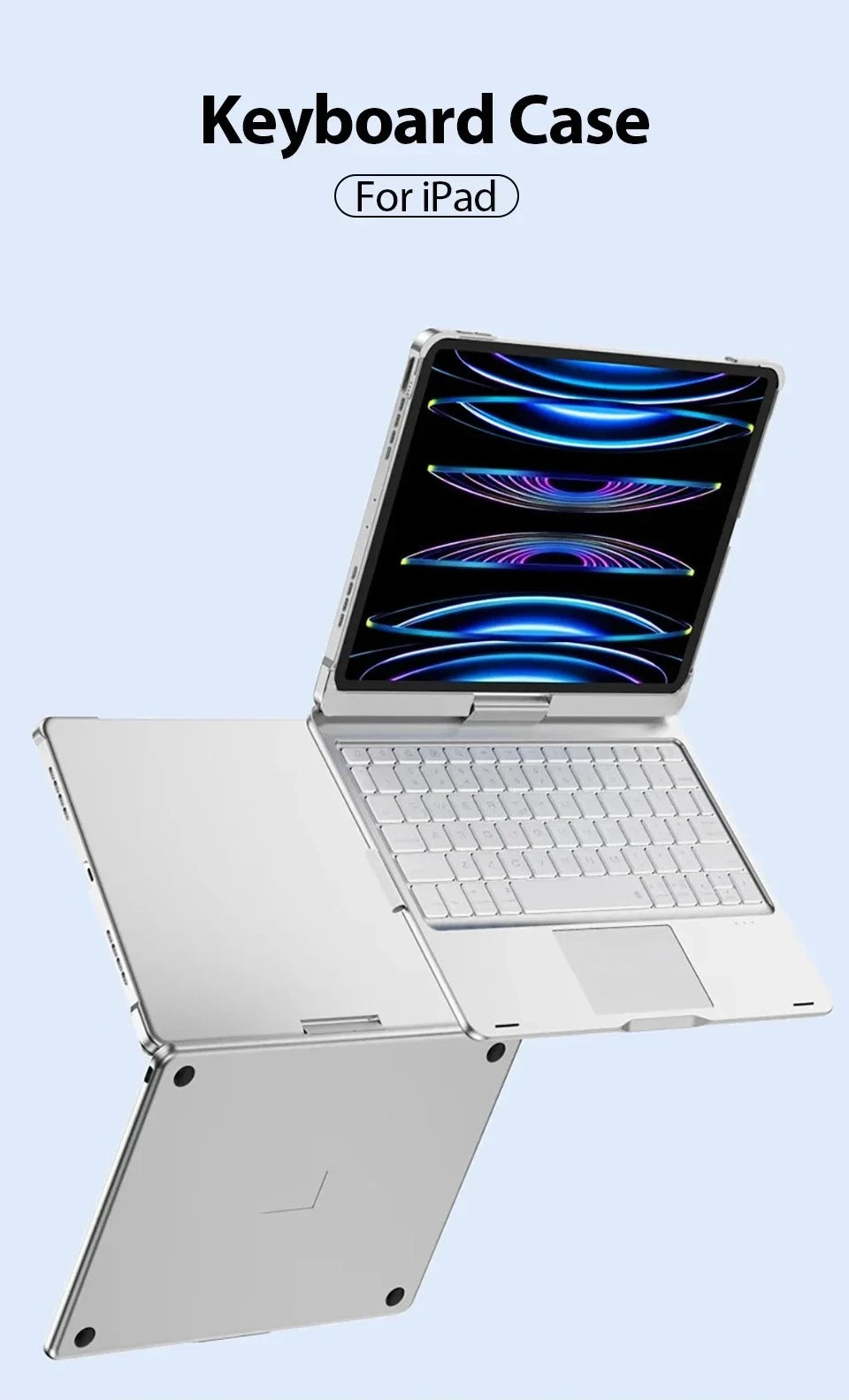 A silver keyboard case designed for an iPad, showing the tablet with a backlit keyboard attached.