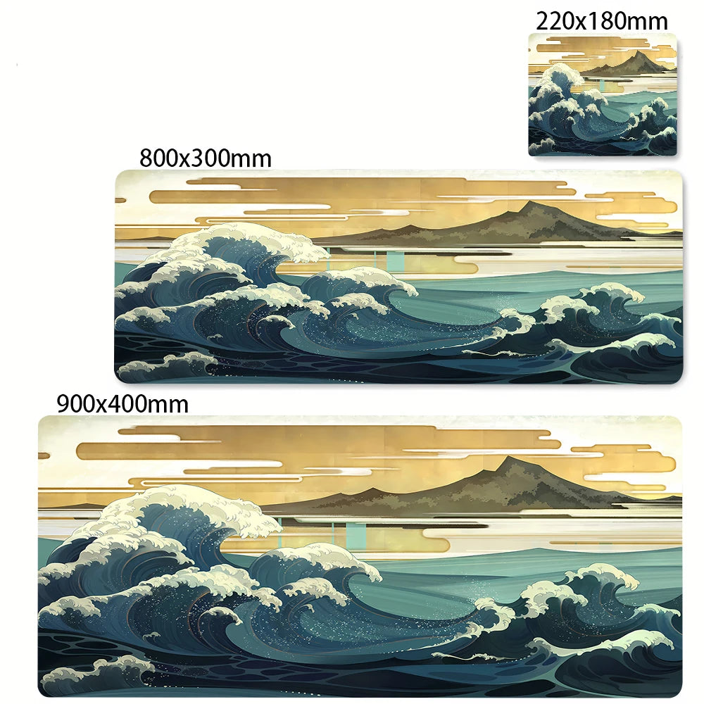A watercolor illustration of The Great Wave of Kanagawa depicting a powerful wave against a sunset background.