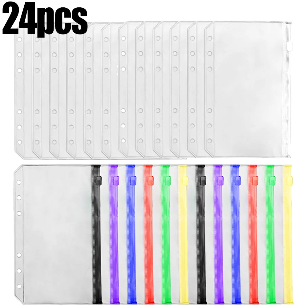 24 pieces of clear PVC zipper binder pockets for cash and small items in various colors