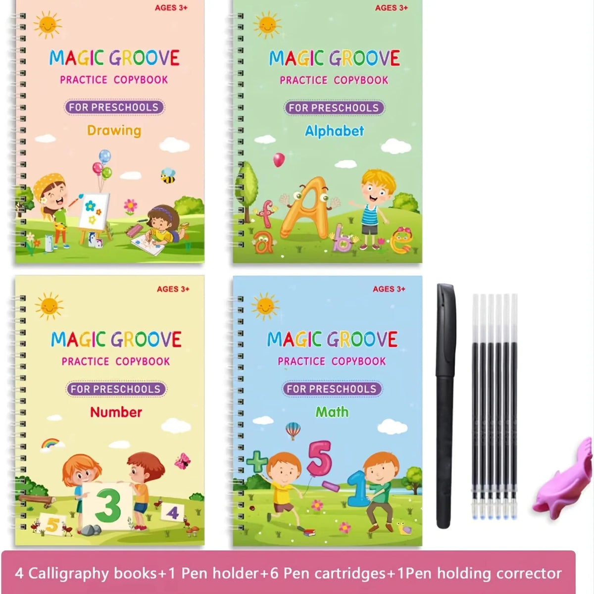A set of four Magic Groove practice copybooks for preschoolers featuring drawing, alphabet, and number activities.
