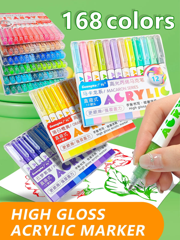 A collection of 168 colors of high-gloss acrylic marker pens and related art supplies displayed on a green background.
