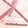 A pink metal reinforcement selfie stick with a rotating head and Bluetooth remote is shown against a light background.